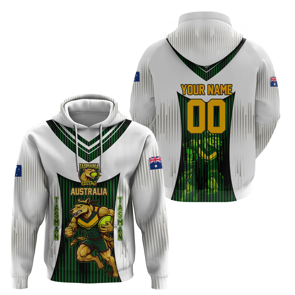 Personalised Tasmania Oztag Mascot Hoodie Green White Stripe Australian Flag Mascot