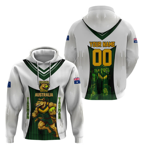 Personalised Tasmania Oztag Mascot Hoodie Green White Stripe Australian Flag Mascot