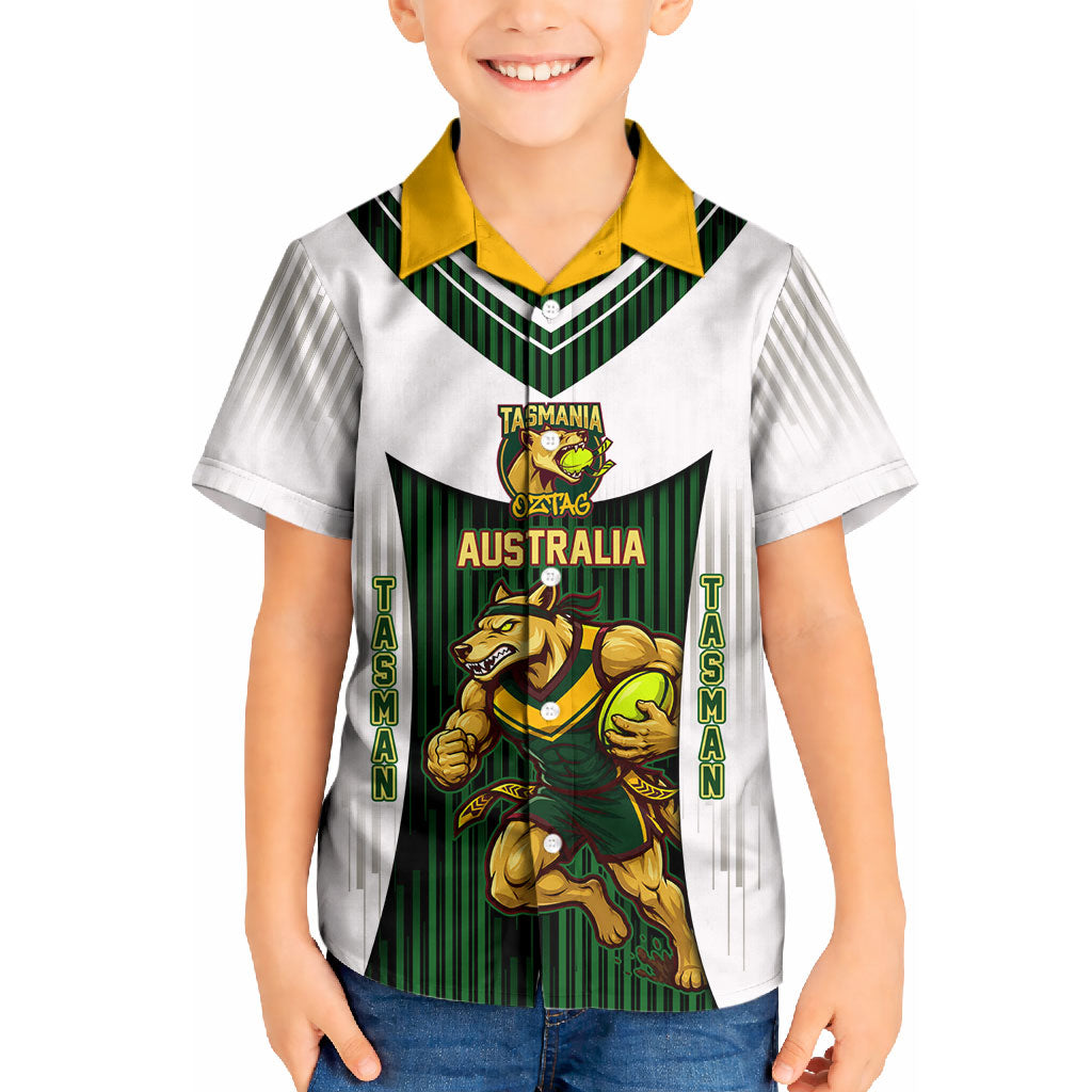 Personalised Tasmania Oztag Mascot Kid Hawaiian Shirt Green White Stripe Australian Flag Mascot