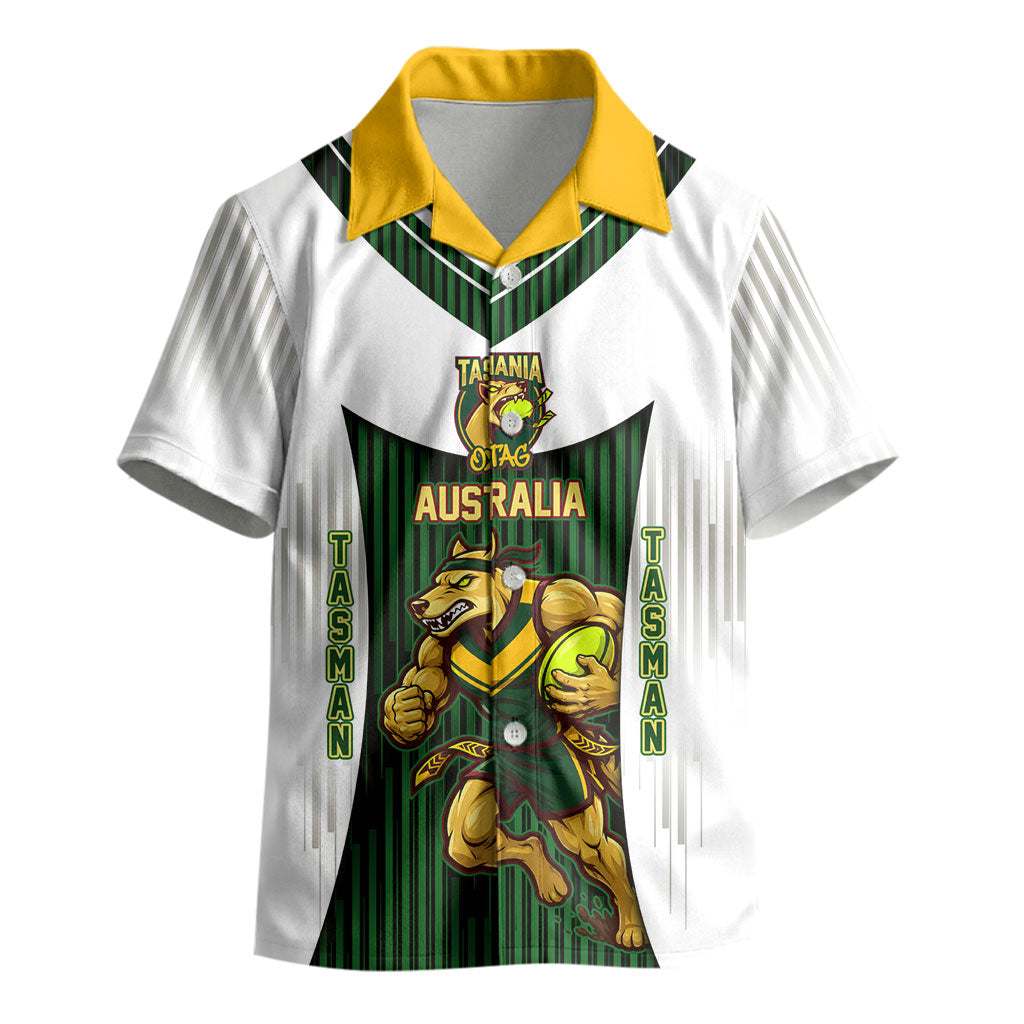 Personalised Tasmania Oztag Mascot Kid Hawaiian Shirt Green White Stripe Australian Flag Mascot
