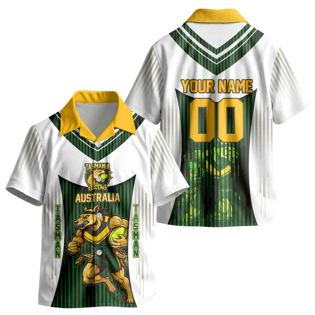 Personalised Tasmania Oztag Mascot Kid Hawaiian Shirt Green White Stripe Australian Flag Mascot