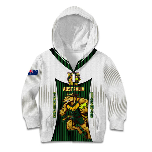Personalised Tasmania Oztag Mascot Kid Hoodie Green White Stripe Australian Flag Mascot