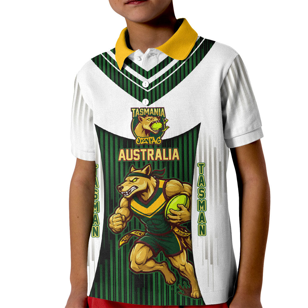 Personalised Tasmania Oztag Mascot Kid Polo Shirt Green White Stripe Australian Flag Mascot