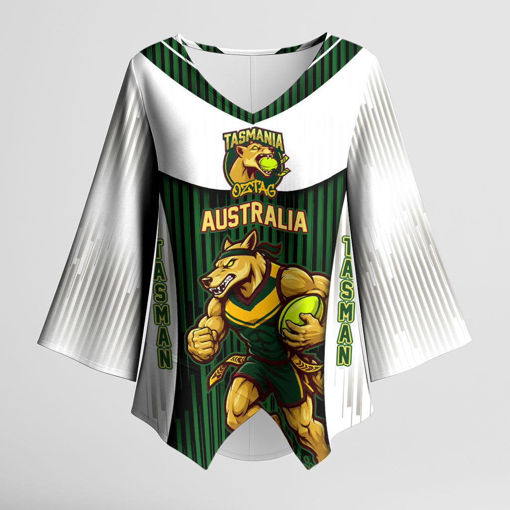Personalised Tasmania Oztag Mascot Kimono Sleeve Blouse Green White Stripe Australian Flag Mascot