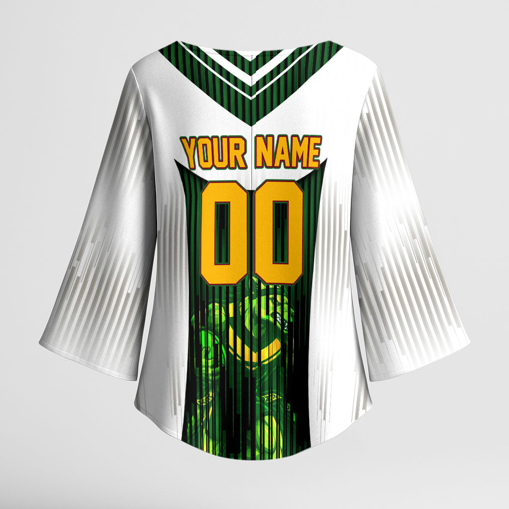 Personalised Tasmania Oztag Mascot Kimono Sleeve Blouse Green White Stripe Australian Flag Mascot