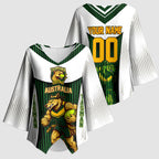 Personalised Tasmania Oztag Mascot Kimono Sleeve Blouse Green White Stripe Australian Flag Mascot