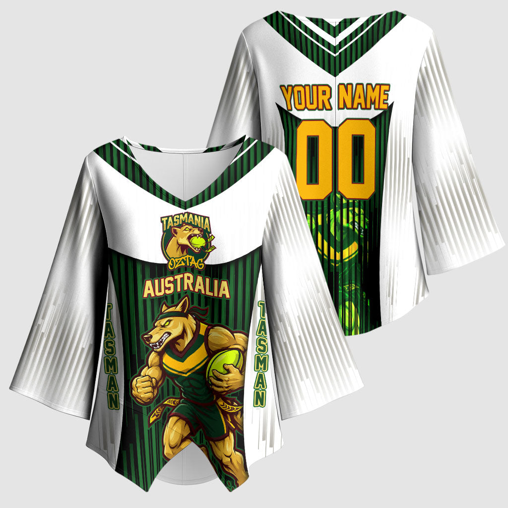 Personalised Tasmania Oztag Mascot Kimono Sleeve Blouse Green White Stripe Australian Flag Mascot