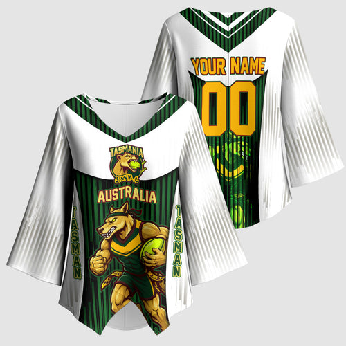Personalised Tasmania Oztag Mascot Kimono Sleeve Blouse Green White Stripe Australian Flag Mascot