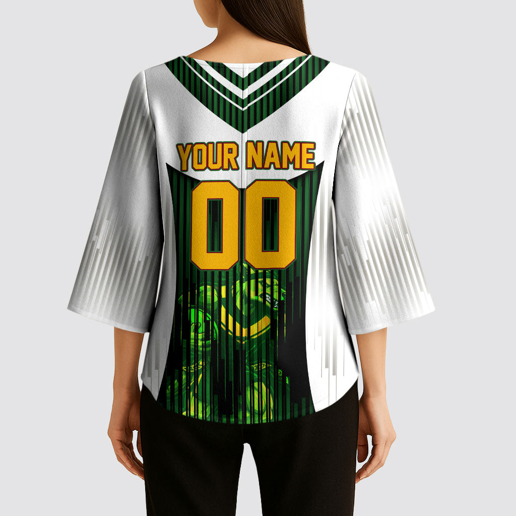 Personalised Tasmania Oztag Mascot Kimono Sleeve Blouse Green White Stripe Australian Flag Mascot