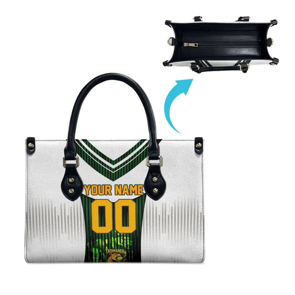 Personalised Tasmania Oztag Mascot Leather Bag Green White Stripe Australian Flag Mascot