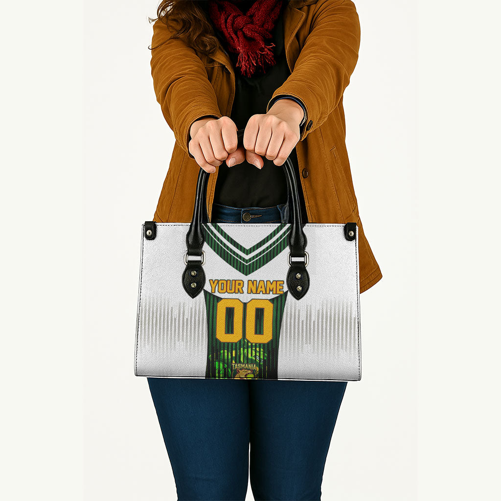 Personalised Tasmania Oztag Mascot Leather Bag Green White Stripe Australian Flag Mascot