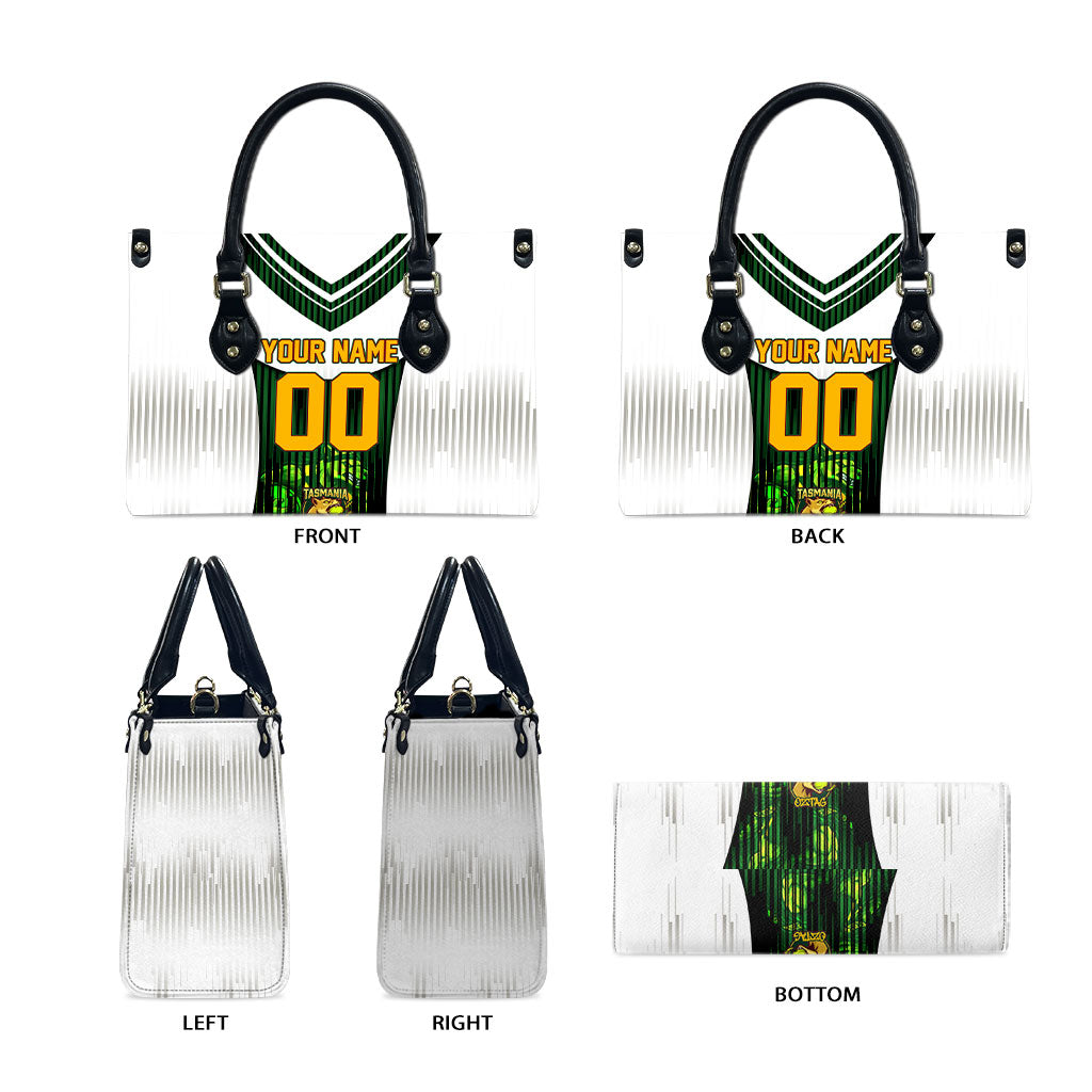 Personalised Tasmania Oztag Mascot Leather Bag Green White Stripe Australian Flag Mascot