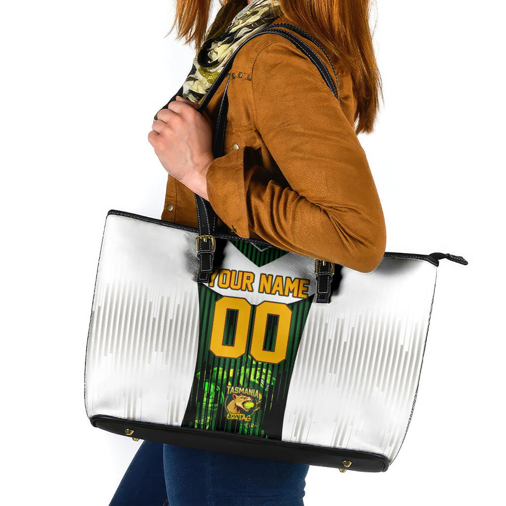Personalised Tasmania Oztag Mascot Leather Tote Bag Green White Stripe Australian Flag Mascot