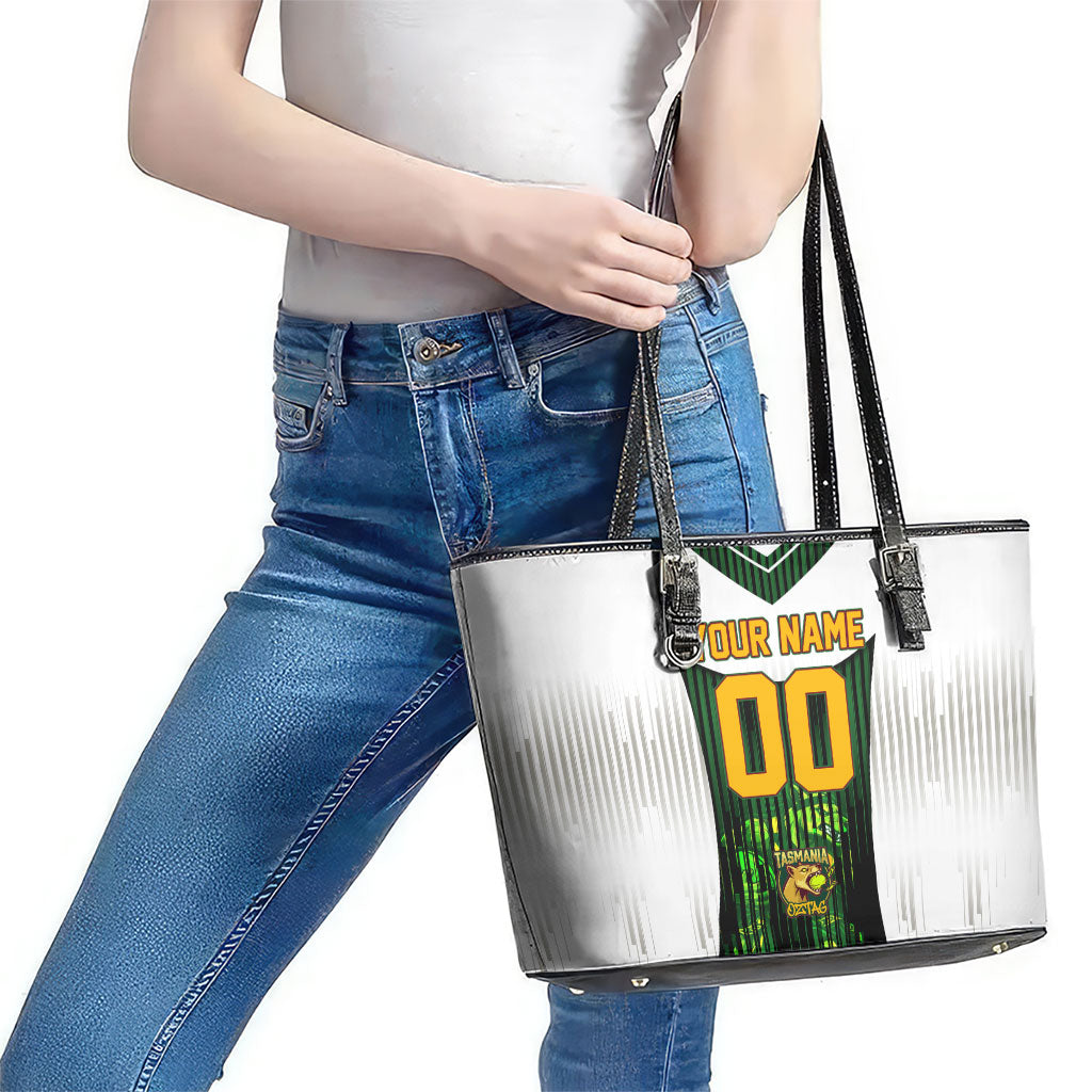 Personalised Tasmania Oztag Mascot Leather Tote Bag Green White Stripe Australian Flag Mascot