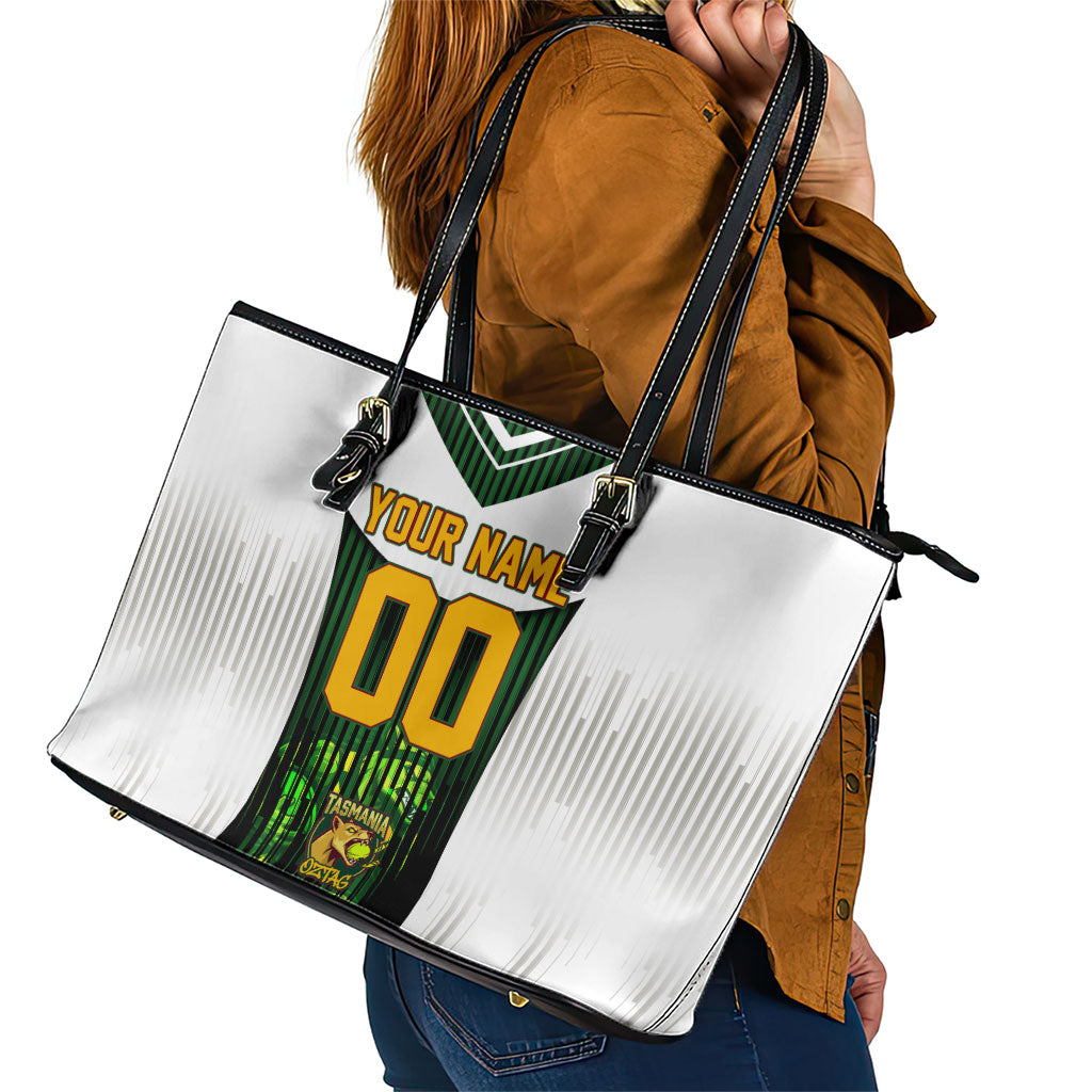 Personalised Tasmania Oztag Mascot Leather Tote Bag Green White Stripe Australian Flag Mascot