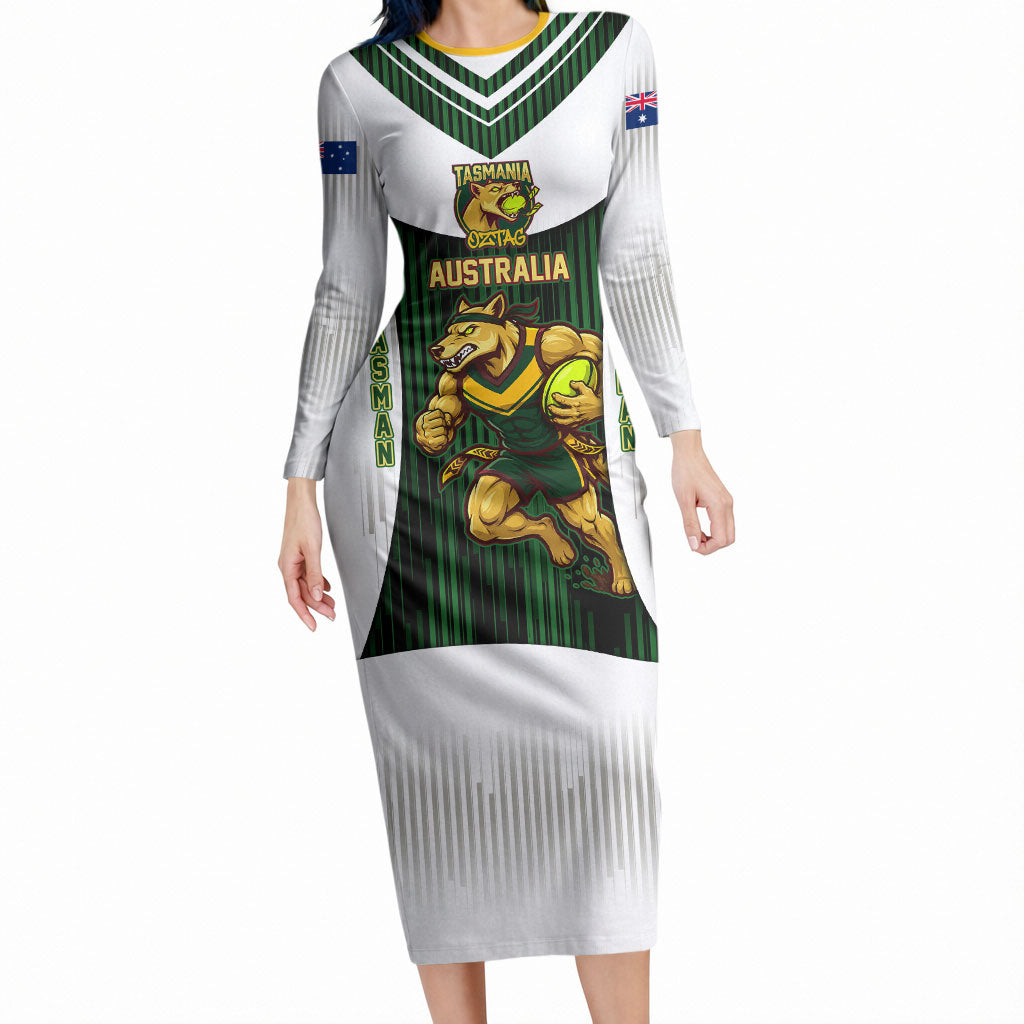 Personalised Tasmania Oztag Mascot Long Sleeve Bodycon Dress Green White Stripe Australian Flag Mascot