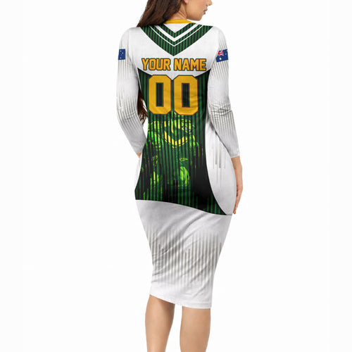 Personalised Tasmania Oztag Mascot Long Sleeve Bodycon Dress Green White Stripe Australian Flag Mascot