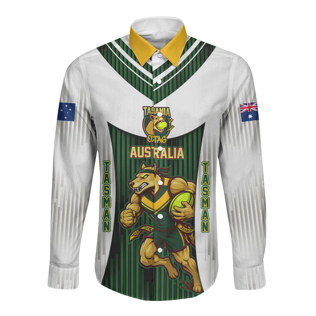 Personalised Tasmania Oztag Mascot Long Sleeve Button Shirt Green White Stripe Australian Flag Mascot