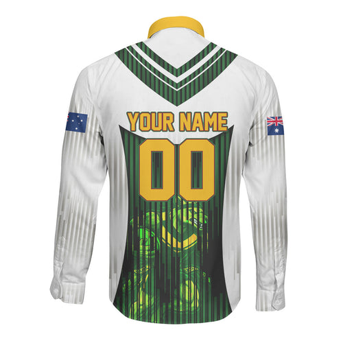 Personalised Tasmania Oztag Mascot Long Sleeve Button Shirt Green White Stripe Australian Flag Mascot