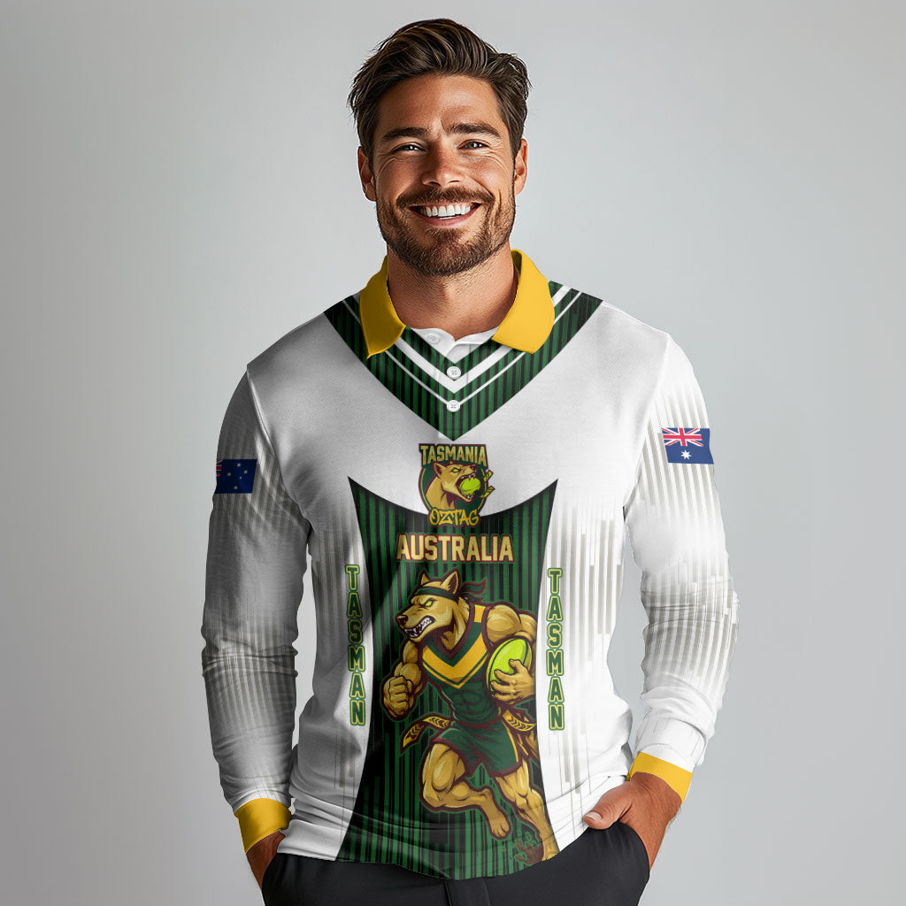 Personalised Tasmania Oztag Mascot Long Sleeve Polo Shirt Green White Stripe Australian Flag Mascot