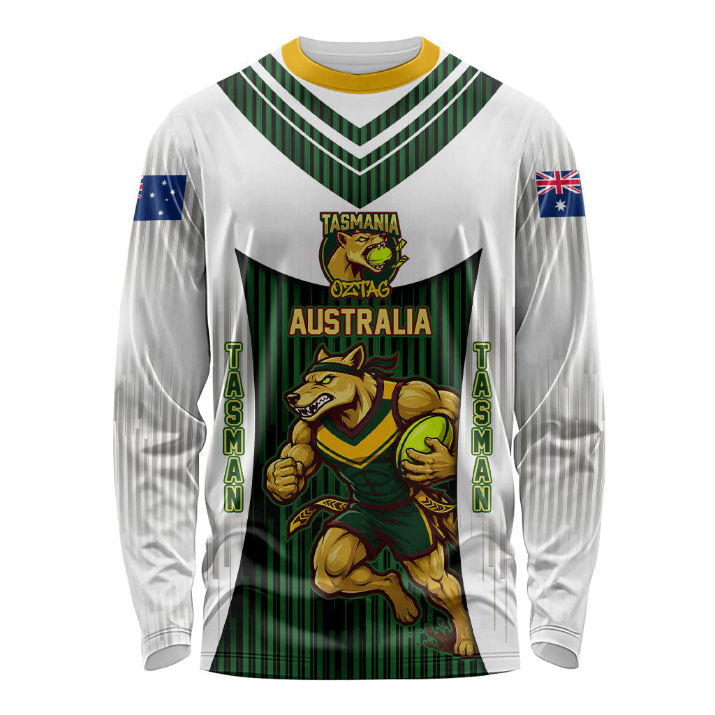 Personalised Tasmania Oztag Mascot Long Sleeve Shirt Green White Stripe Australian Flag Mascot