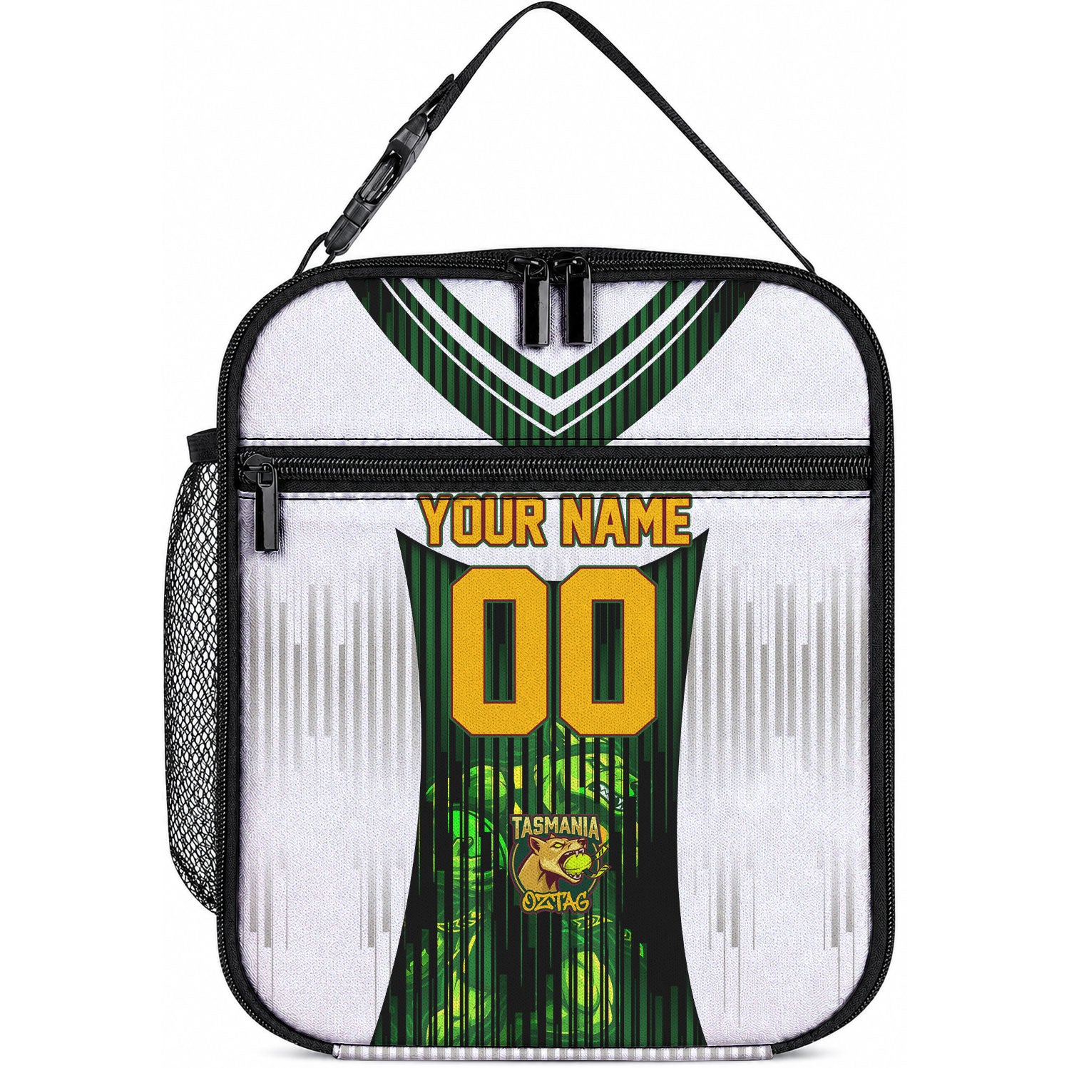 Personalised Tasmania Oztag Mascot Lunch Bag Green White Stripe Australian Flag Mascot