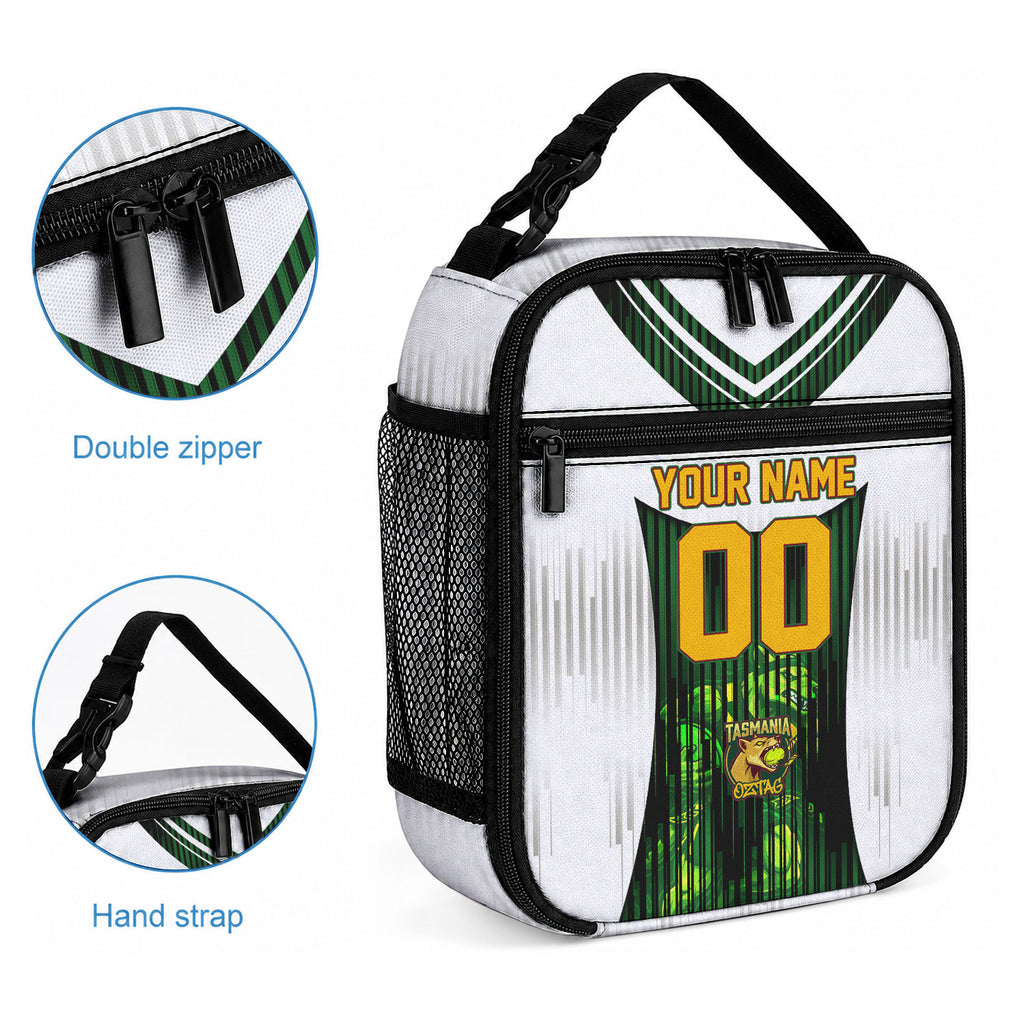 Personalised Tasmania Oztag Mascot Lunch Bag Green White Stripe Australian Flag Mascot