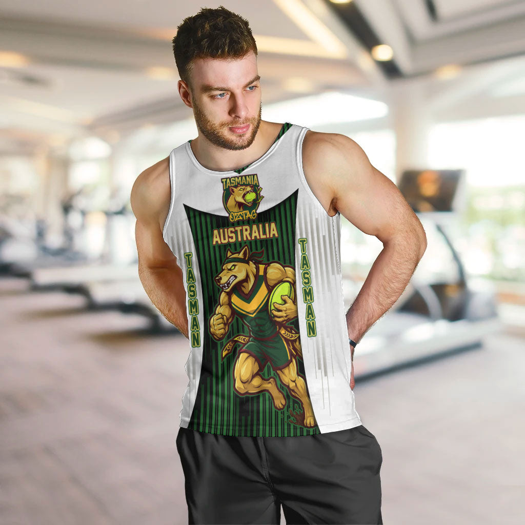 Personalised Tasmania Oztag Mascot Men Tank Top Green White Stripe Australian Flag Mascot