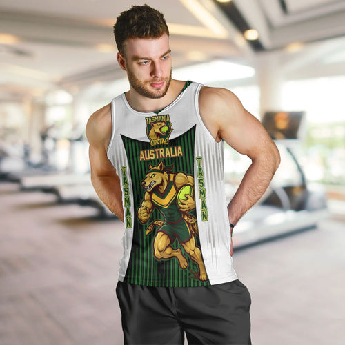 Personalised Tasmania Oztag Mascot Men Tank Top Green White Stripe Australian Flag Mascot