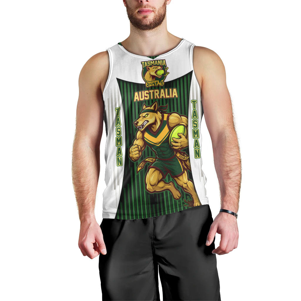 Personalised Tasmania Oztag Mascot Men Tank Top Green White Stripe Australian Flag Mascot