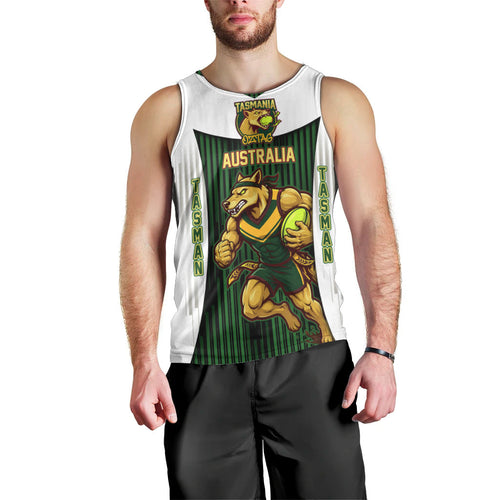Personalised Tasmania Oztag Mascot Men Tank Top Green White Stripe Australian Flag Mascot