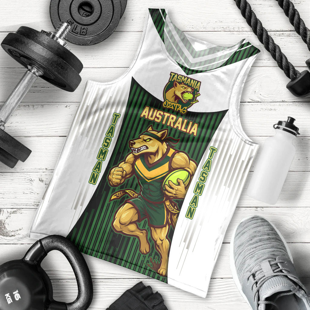 Personalised Tasmania Oztag Mascot Men Tank Top Green White Stripe Australian Flag Mascot