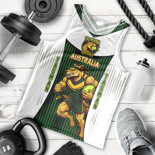 Personalised Tasmania Oztag Mascot Men Tank Top Green White Stripe Australian Flag Mascot