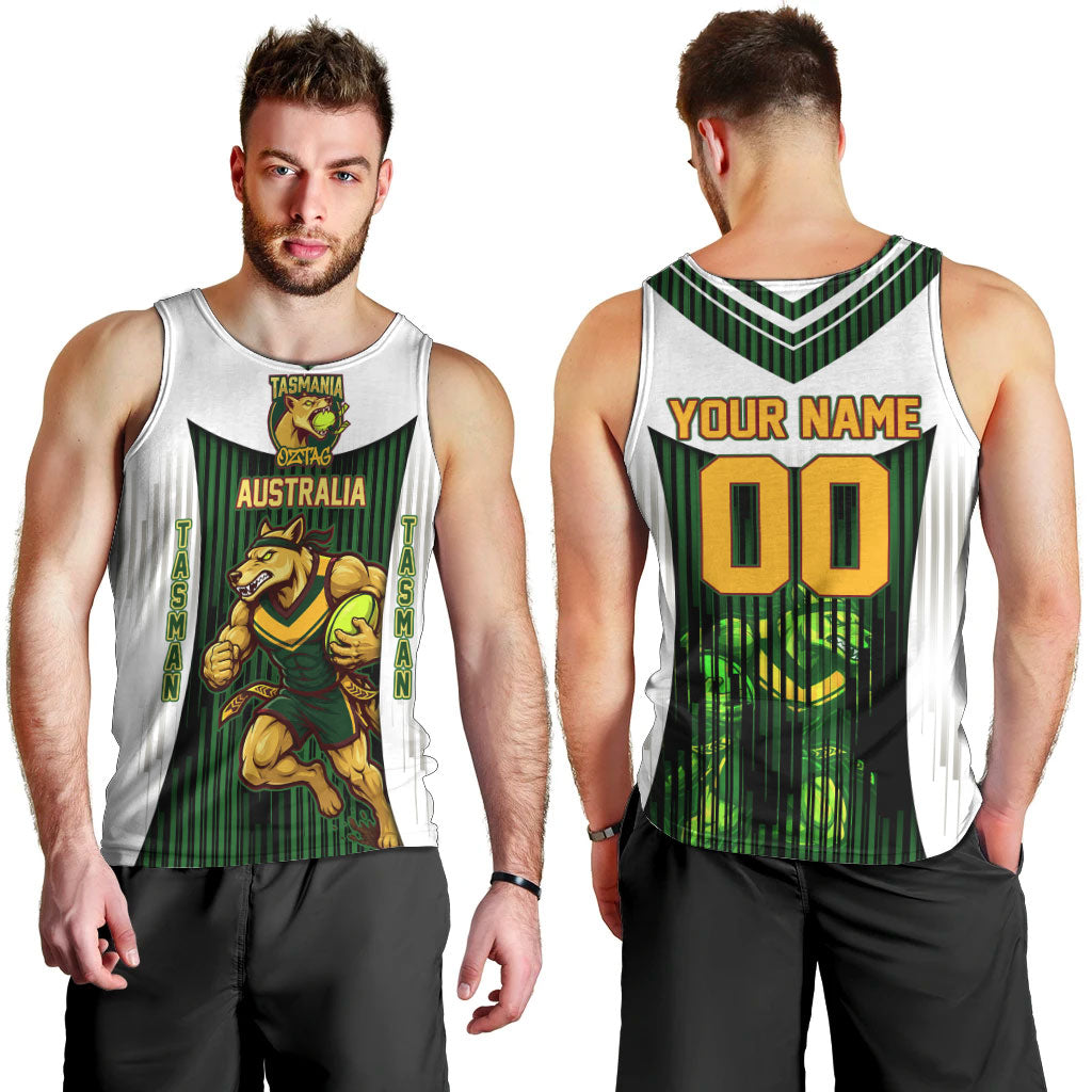 Personalised Tasmania Oztag Mascot Men Tank Top Green White Stripe Australian Flag Mascot