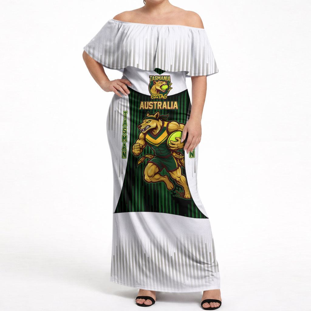 Personalised Tasmania Oztag Mascot Off Shoulder Maxi Dress Green White Stripe Australian Flag Mascot