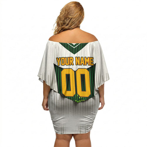 Personalised Tasmania Oztag Mascot Off Shoulder Short Dress Green White Stripe Australian Flag Mascot
