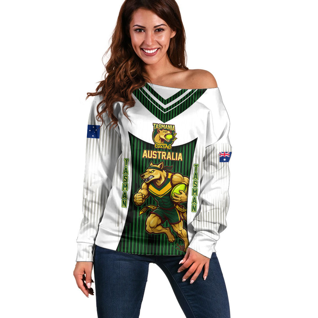 Personalised Tasmania Oztag Mascot Off Shoulder Sweater Green White Stripe Australian Flag Mascot