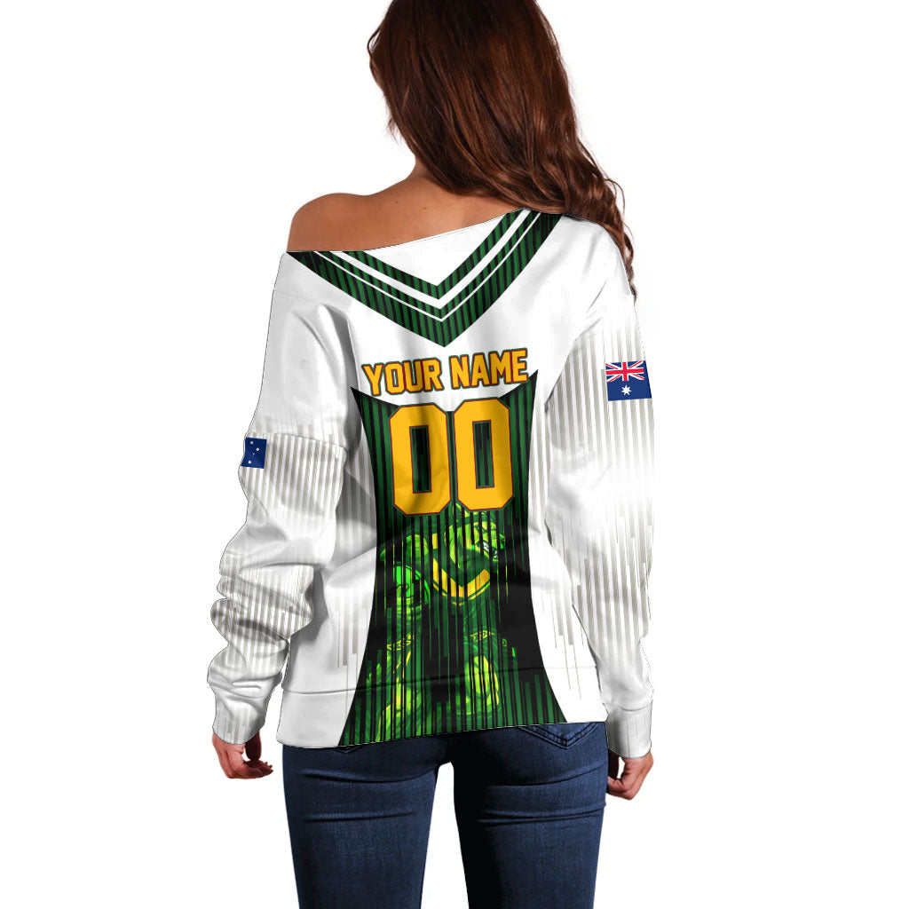 Personalised Tasmania Oztag Mascot Off Shoulder Sweater Green White Stripe Australian Flag Mascot