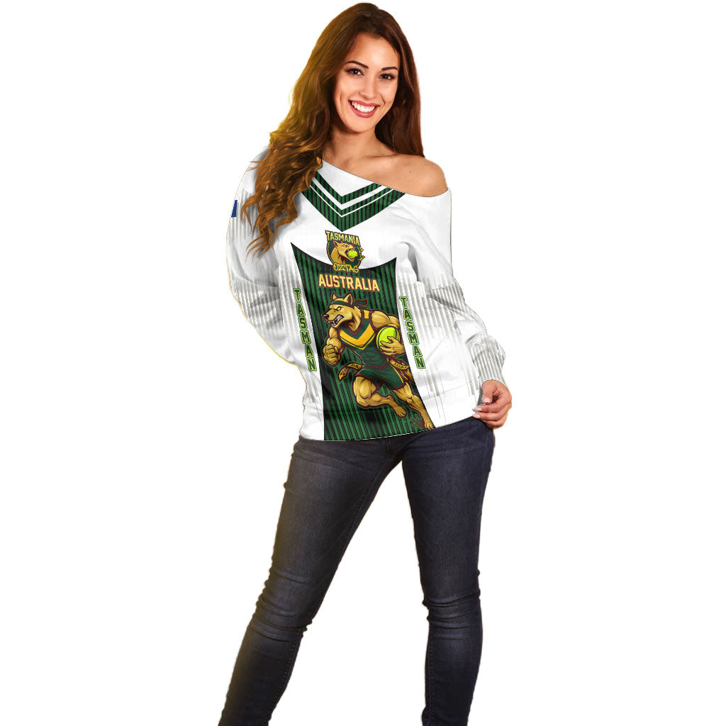 Personalised Tasmania Oztag Mascot Off Shoulder Sweater Green White Stripe Australian Flag Mascot