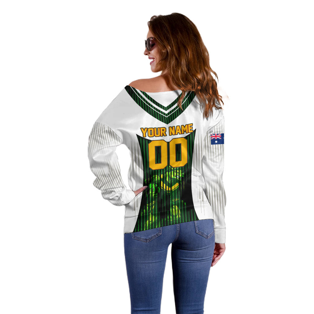 Personalised Tasmania Oztag Mascot Off Shoulder Sweater Green White Stripe Australian Flag Mascot