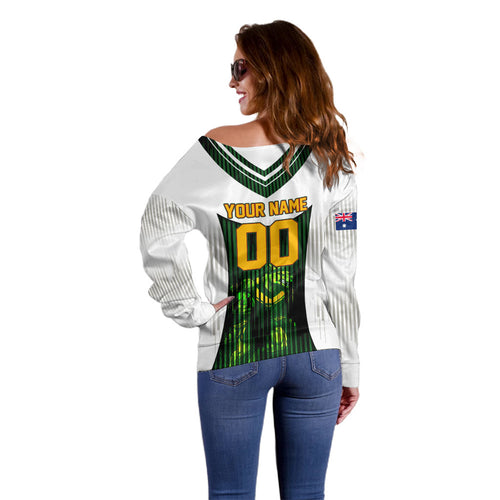 Personalised Tasmania Oztag Mascot Off Shoulder Sweater Green White Stripe Australian Flag Mascot