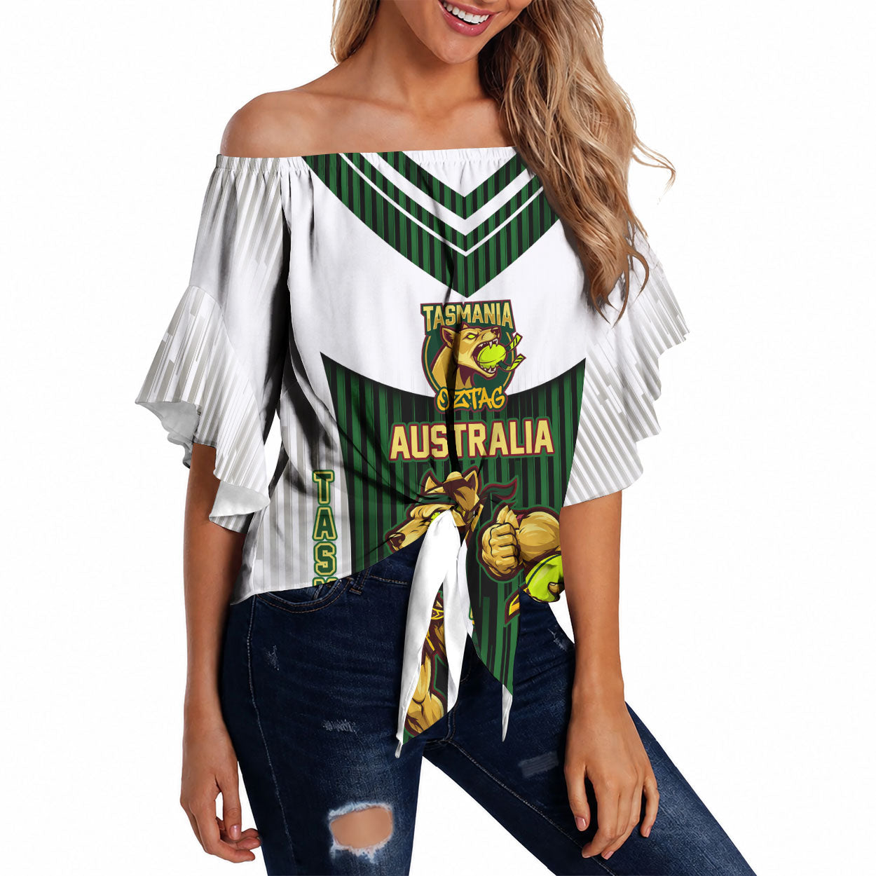 Personalised Tasmania Oztag Mascot Off Shoulder Wrap Waist Top Green White Stripe Australian Flag Mascot