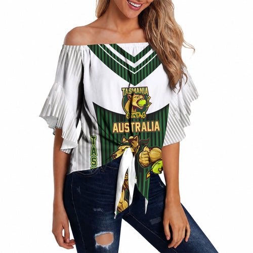 Personalised Tasmania Oztag Mascot Off Shoulder Wrap Waist Top Green White Stripe Australian Flag Mascot