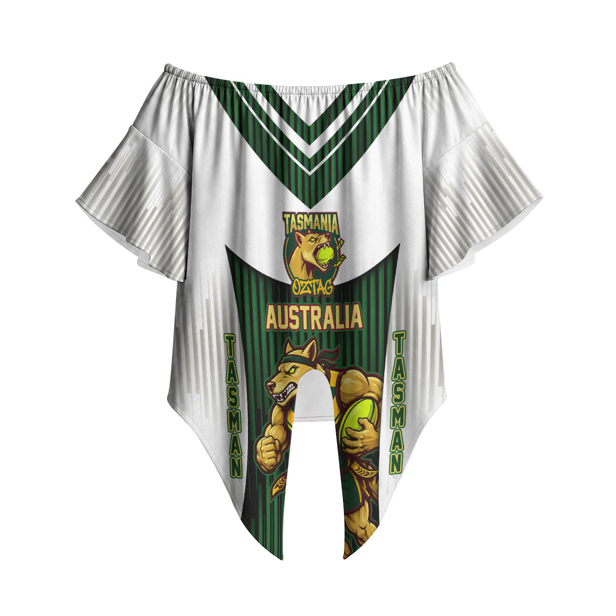 Personalised Tasmania Oztag Mascot Off Shoulder Wrap Waist Top Green White Stripe Australian Flag Mascot