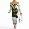 Personalised Tasmania Oztag Mascot Off The Shoulder Long Sleeve Dress Green White Stripe Australian Flag Mascot