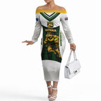 Personalised Tasmania Oztag Mascot Off The Shoulder Long Sleeve Dress Green White Stripe Australian Flag Mascot