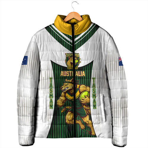 Personalised Tasmania Oztag Mascot Padded Jacket Green White Stripe Australian Flag Mascot