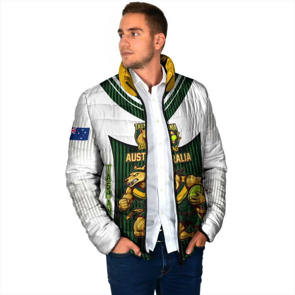 Personalised Tasmania Oztag Mascot Padded Jacket Green White Stripe Australian Flag Mascot
