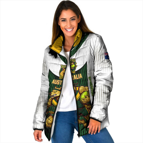 Personalised Tasmania Oztag Mascot Padded Jacket Green White Stripe Australian Flag Mascot