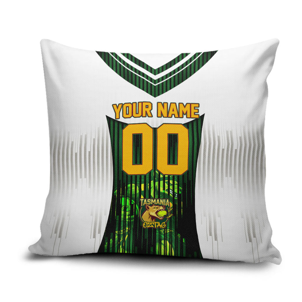 Personalised Tasmania Oztag Mascot Pillow Cover Green White Stripe Australian Flag Mascot
